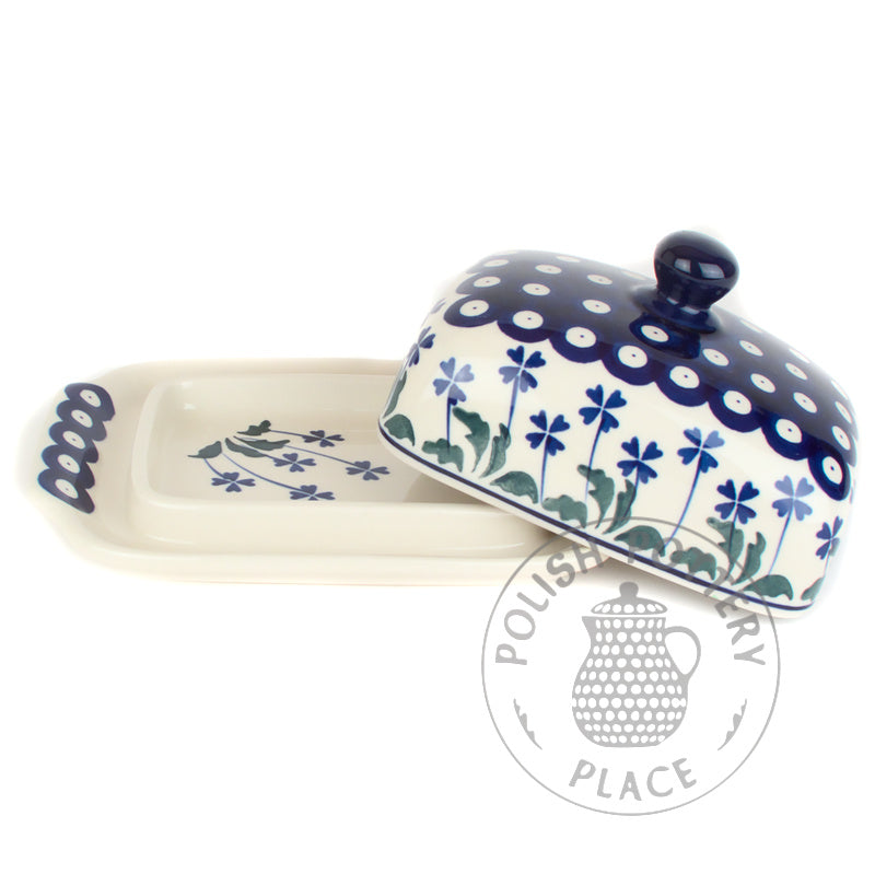 Large Butter Dish - Mosquito Eggs w/ Blue Clovers