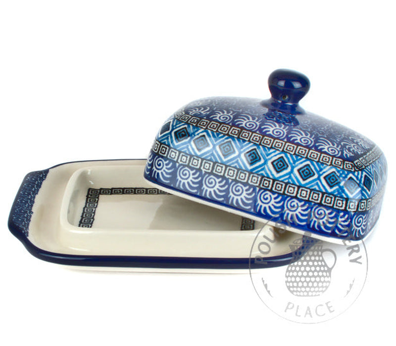 Large Butter Dish - Turquoise Tiles On Blue