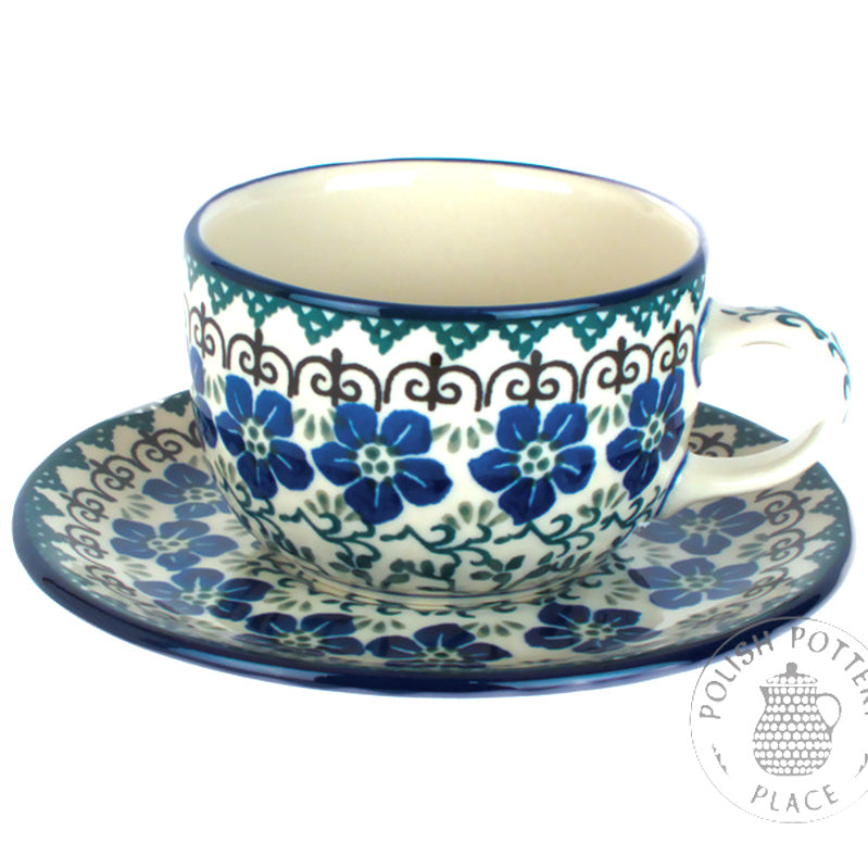 9oz Cup & Saucer - Blue Primrose with Green