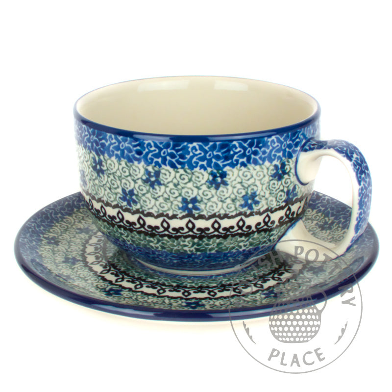 12oz Cup & Saucer Set - Green and Blue Lace